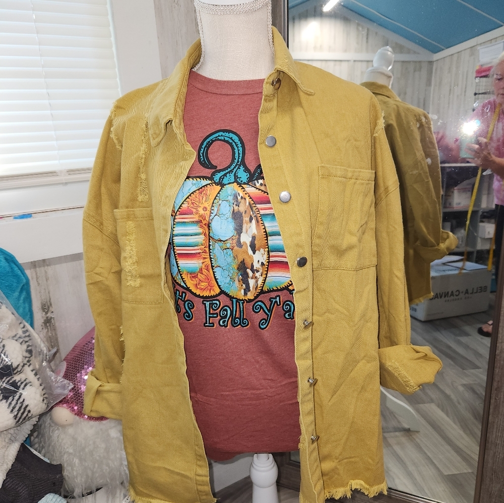 Distressed mustard shacket